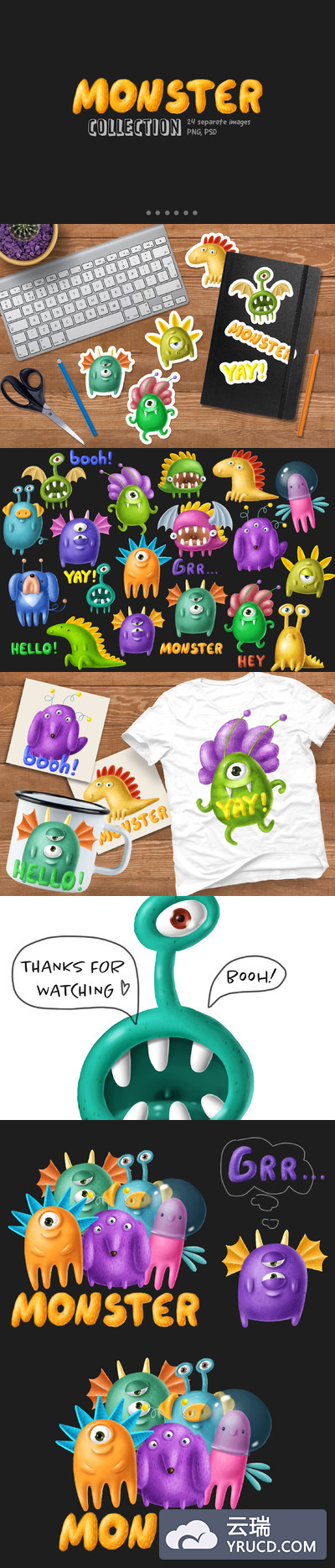 可爱的卡通怪兽素材下载[png,psd]