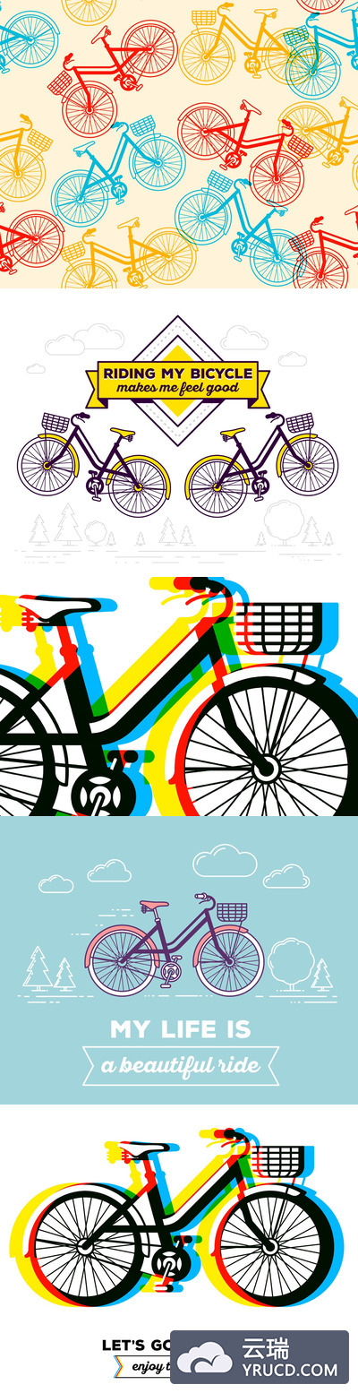 矢量多彩自行车与篮子和无缝背景纹理