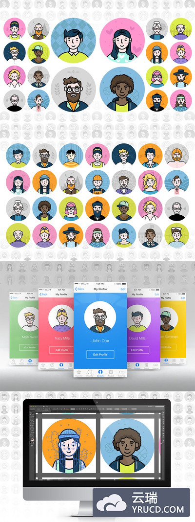 矢量 | 可爱手绘人物28个不同角色演绎元素颜色