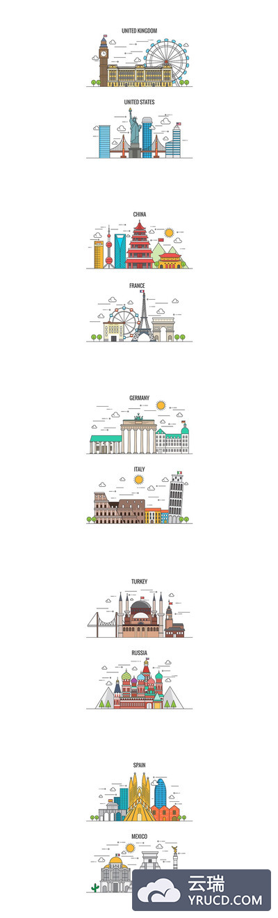 图标| 简洁矢量概念天际线风格地标建筑元素