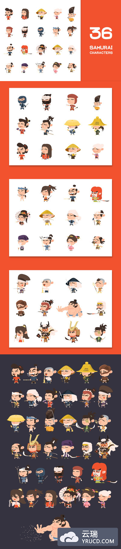 36个矢量日本武士忍者相扑可爱卡通人物吉祥物集合