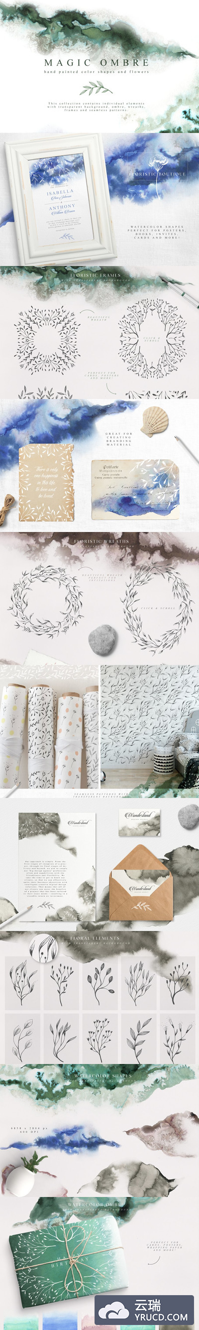 翡翠色调变手绘花纹图案素材包 Magic Ombre Collection Pro