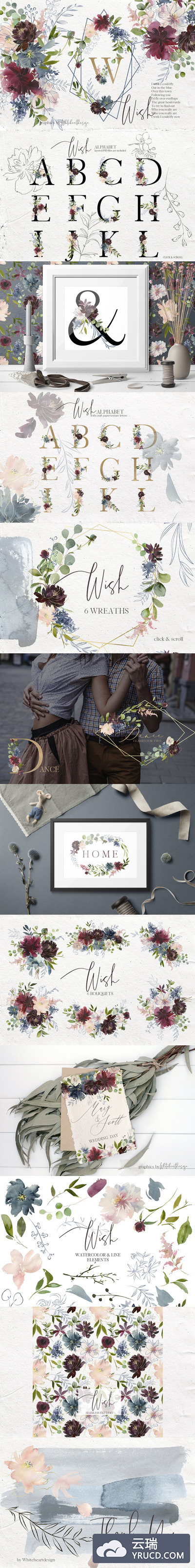 极力推荐：色彩丰富水彩花卉素材包 Wish Bordo Blue Watercolor Flowers [2.05GB]