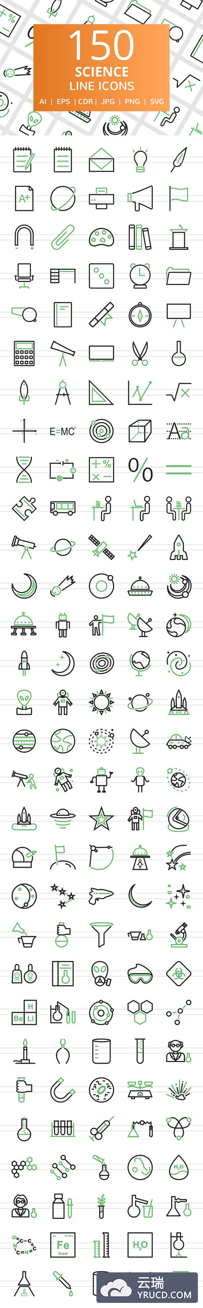 150＋化学、天文学教育和科学线图标