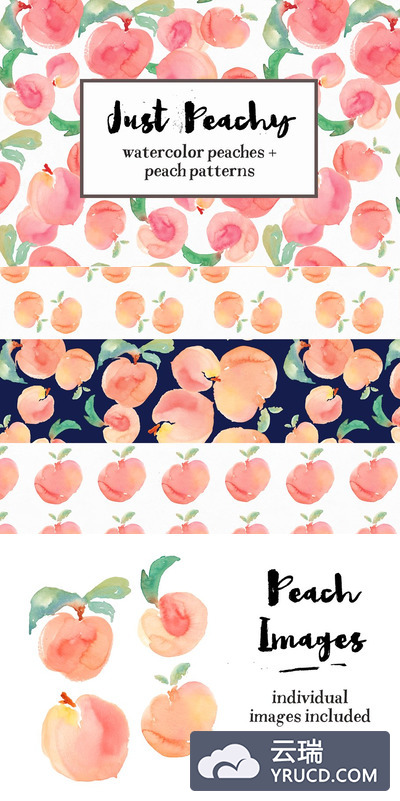 水彩桃子元素&纹理素材 Watercolor Peach Patterns + Peaches