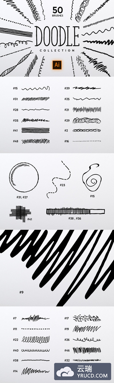 50个独特的AI可爱涂鸦画笔笔刷大集合