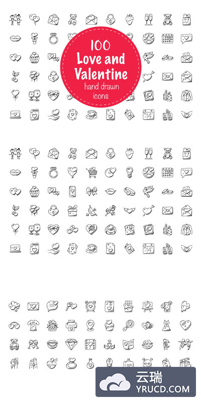 100枚爱和情人节涂鸦图标 100 Love and Valentine Doodle Icons