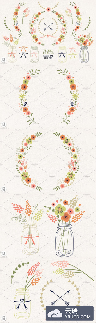 花框、插花&花水彩插画元素 Floral frames, mason jars, flowers