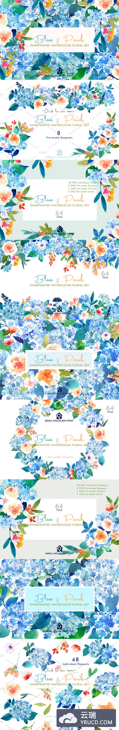 蓝色和桃色-水彩花卉元素套装 Blue & Peach- Watercolor Floral Set