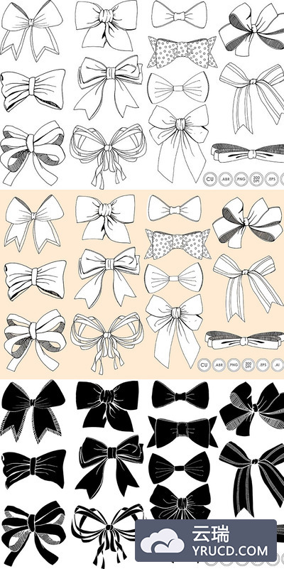 蝴蝶结和礼品缎带素材 Bows & Ribbons Line Art + Silhouette