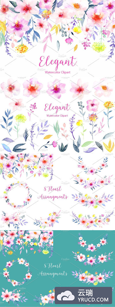 水彩花卉精品图案素材 Watercolor Flower Clipart Elegant