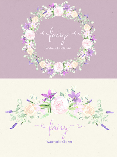 仙女。紫色水彩剪贴画素材 Fairy. Purple Watercolor Clipart.