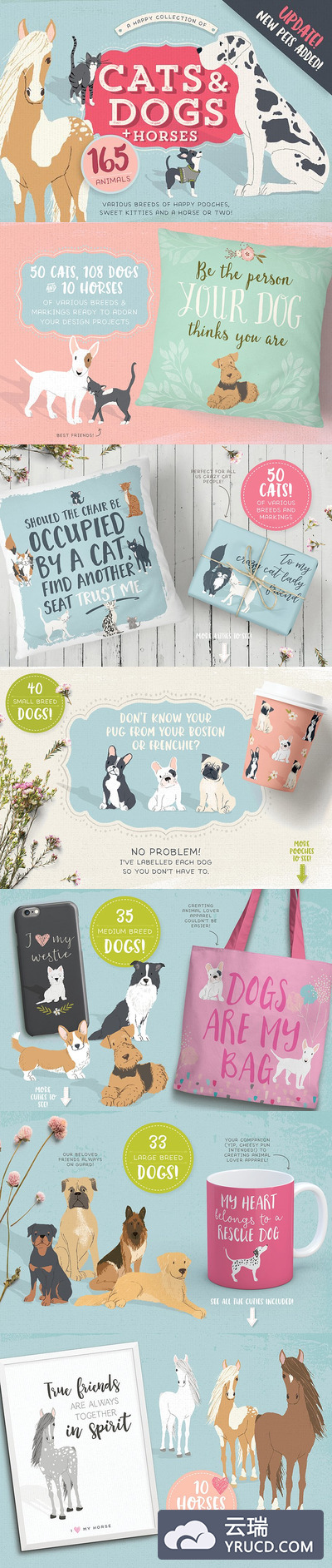 165种手绘卡通猫、狗、动物素材 Cats, Dog breeds & Horses: 165 pets