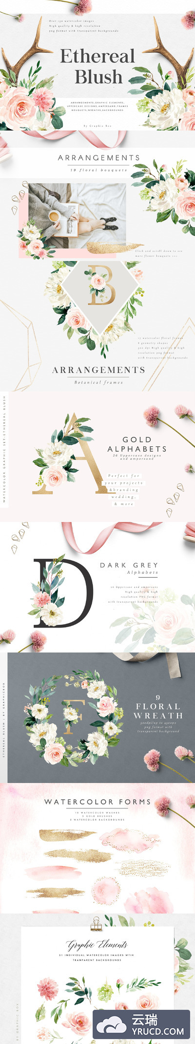 水彩+字母+花卉的完美组合 Ethereal Blush-Florals Graphic Set [1.8GB]