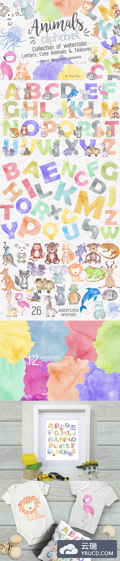 字母水彩动物素材套装 Alphabet Watercolor Animals Kit