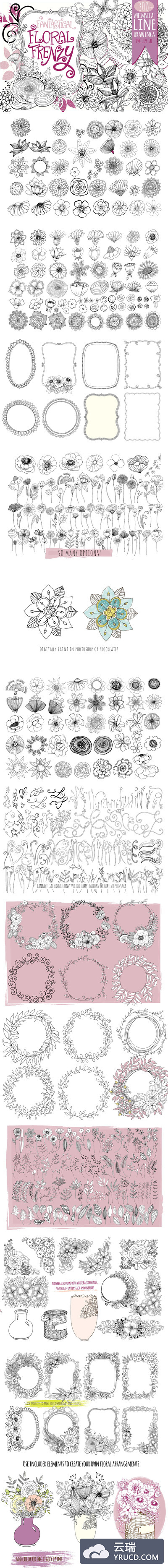 花卉艺术线条及花环素材 Flower Line Art & Floral Wreaths