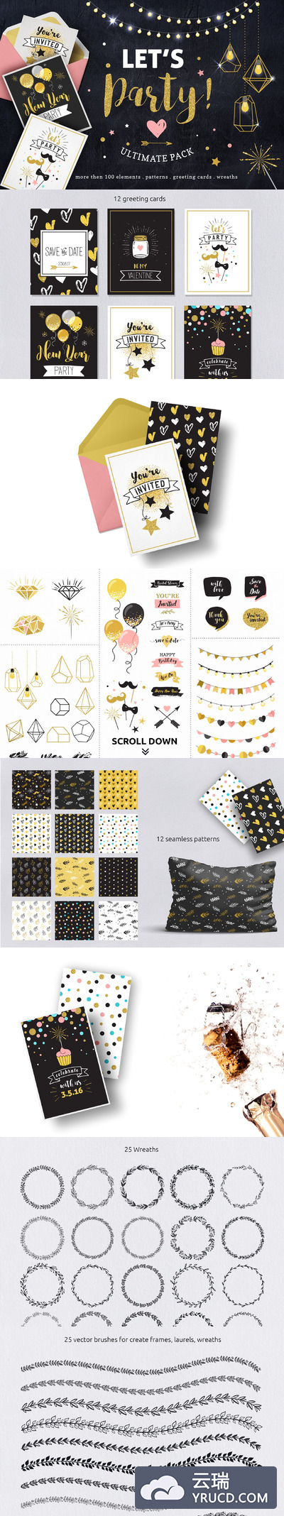 黑色烫金时尚风格的party素材 Let's Party! Ultimate party Pack