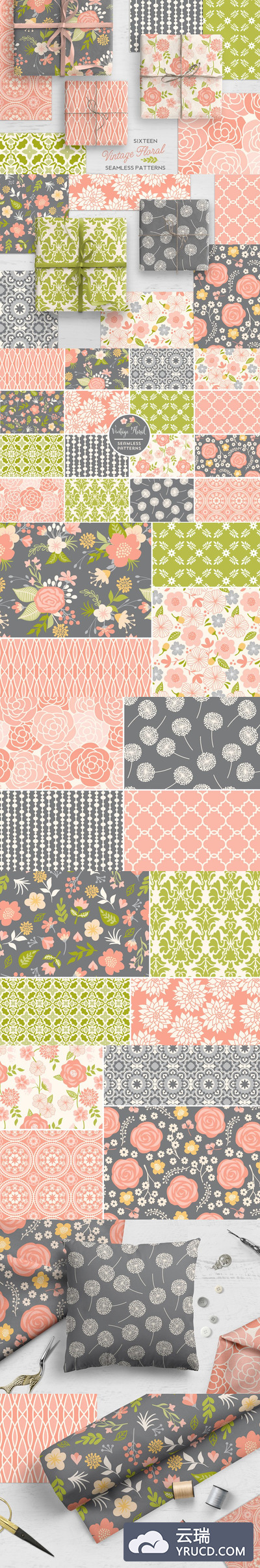 经典的花卉素材和几何图案素材 Vintage Floral & Geometric Patterns