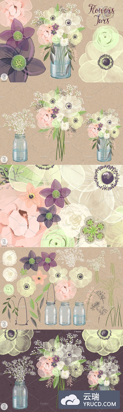 海葵婴儿呼吸罐素材 Watercolor anemones baby breath jar