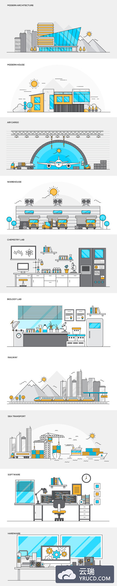 矢量 | 城市建筑线条蓝黄高级飞机场室内