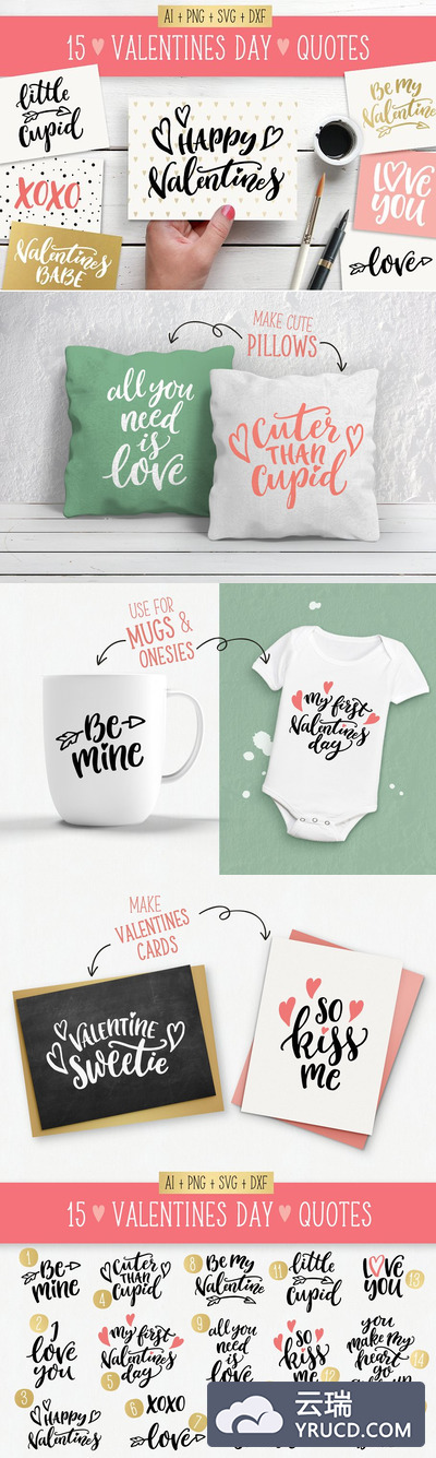 情人节简约手绘图形素材 Quotes SVG bundle Valentines Day