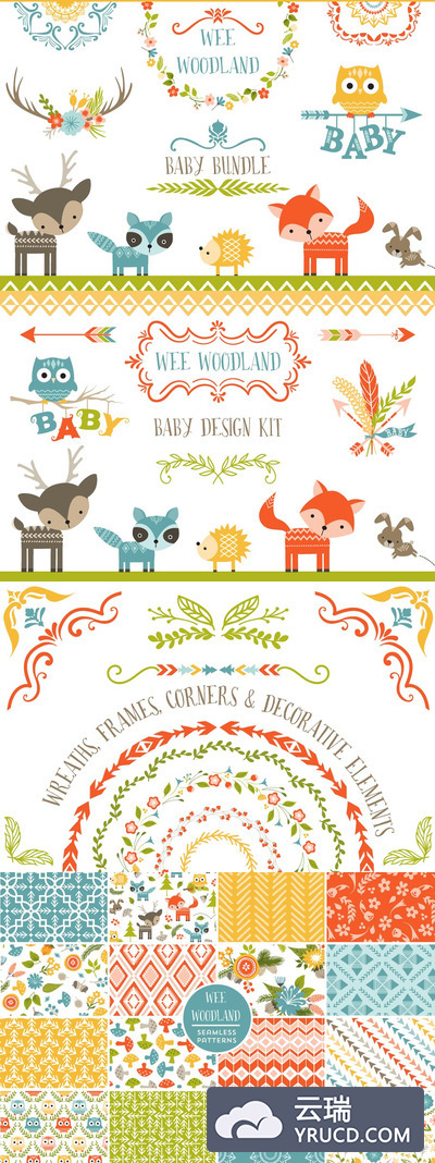 卡通可爱的动物图形素材 Wee Woodland Baby Graphics Patterns