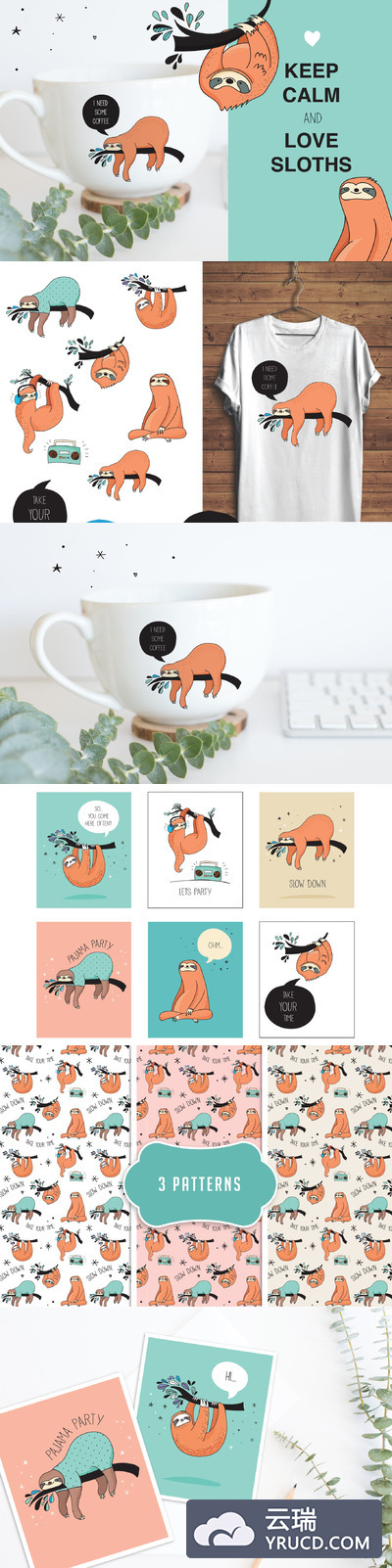 可爱的树懒图标、卡片、图案 Cute sloths icons, cards, patterns