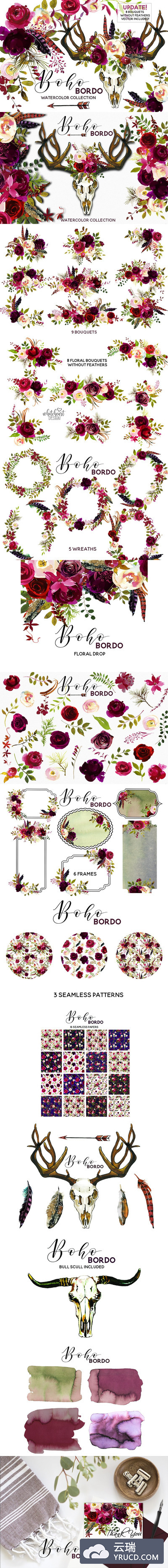 波希米亚式花卉水彩 Boho Bordo Watercolor Flowers