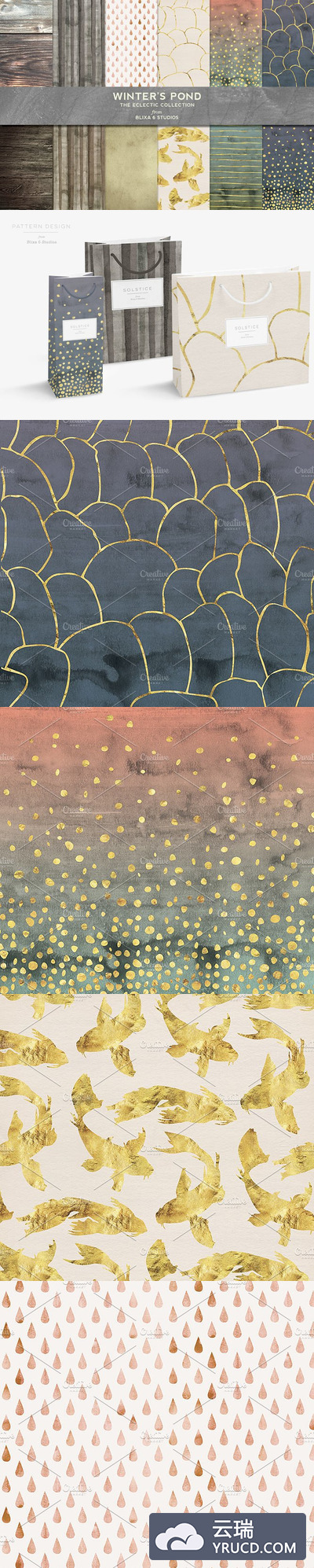 冬季池塘水彩与黄金风格背景纹理素材 Winter's Pond Watercolor & Gold