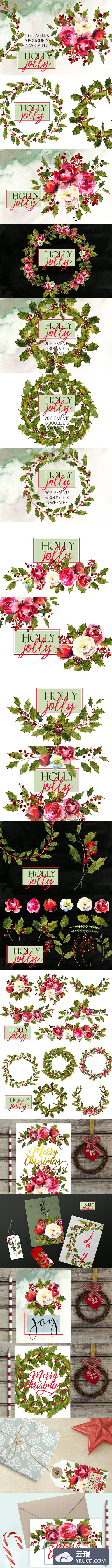 Holly素材和圣诞节水彩画 Holly Steams Christmas Watercolors