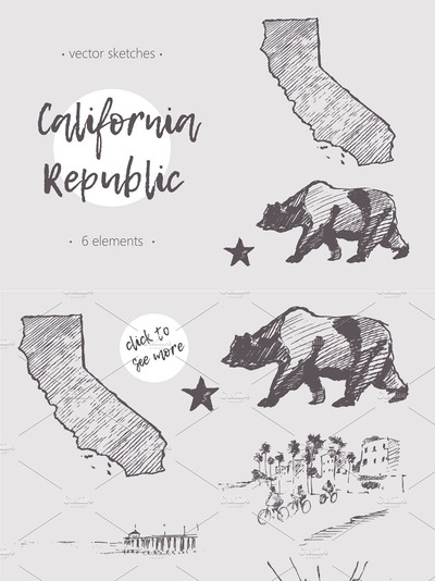 加利福尼亚手绘速写插图素材 Set of California sketches