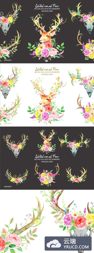 鹿和玫瑰的水彩画素材包 Watercolor Deer and Rose