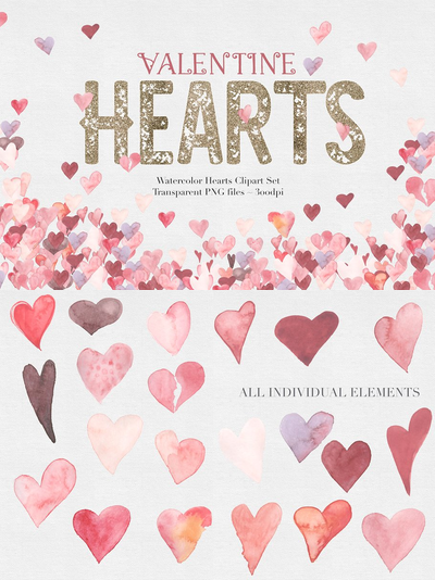 水彩情人节爱心素材 Watercolor Valentine Hearts