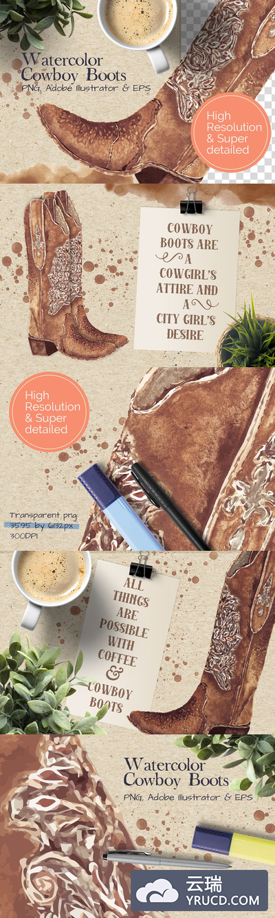 复古的装饰牛仔靴图形素材 Super Detailed Cowboy Boots