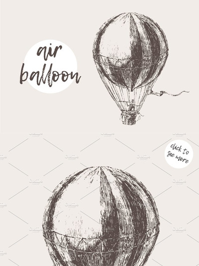 手绘热气球素材包 Flying retro air balloon with a man