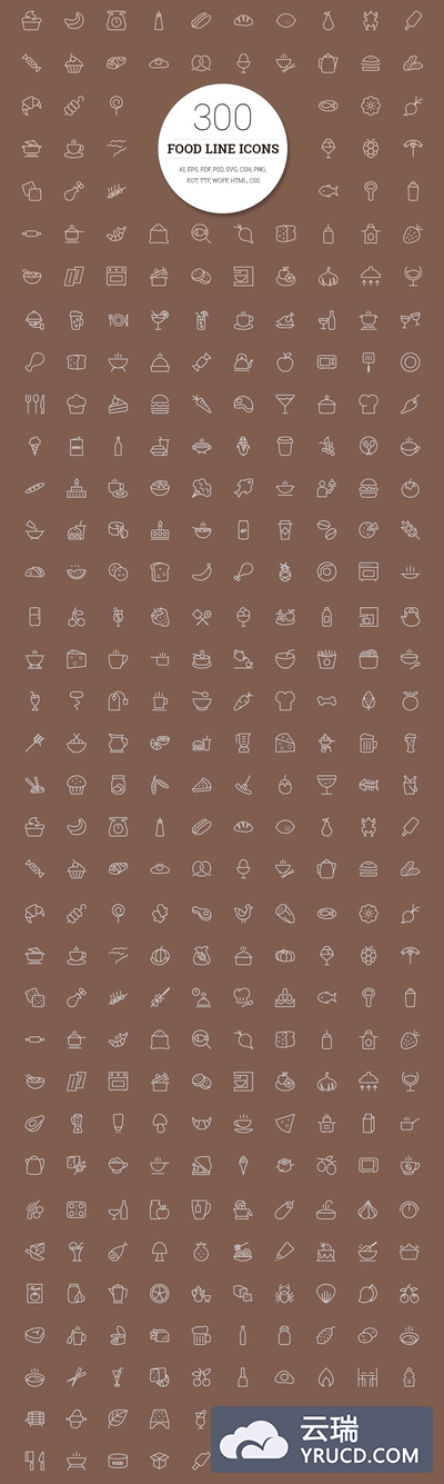 300食物主题的线型图标 300 Food Line Icons