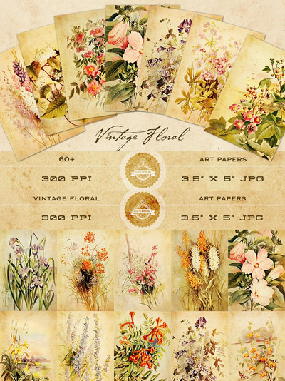 经典复古的水彩花卉素材包 Vintage Floral Art Papers