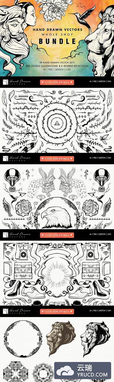 精致手绘动物人物素材 Hand Drawn Vectors Bundle