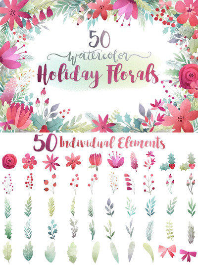 假日氛围的水彩花卉素材 Watercolor Holiday Florals