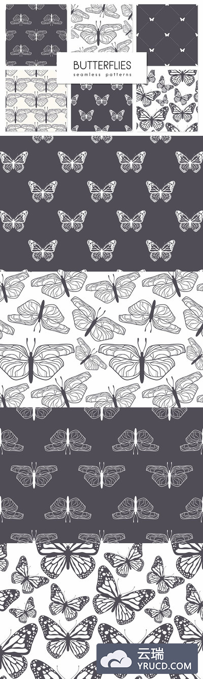 抽象装饰性蝴蝶背景纹理素材 Butterflies. Seamless Patterns Set