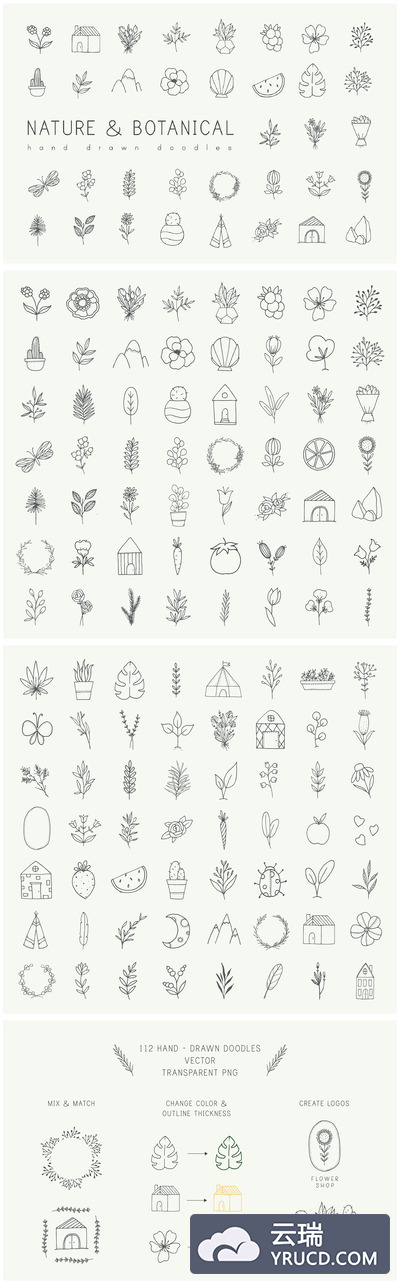 可爱手工绘制的自然元素涂鸦矢量素材下载[ai,png]