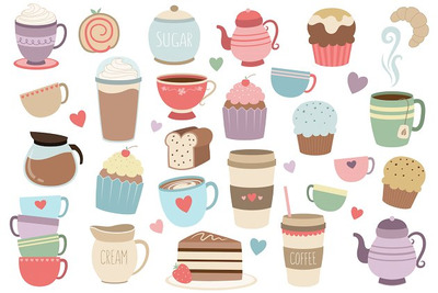 咖啡和茶相关的素材元素包 Coffee and Tea 33 pc Vector Clipart