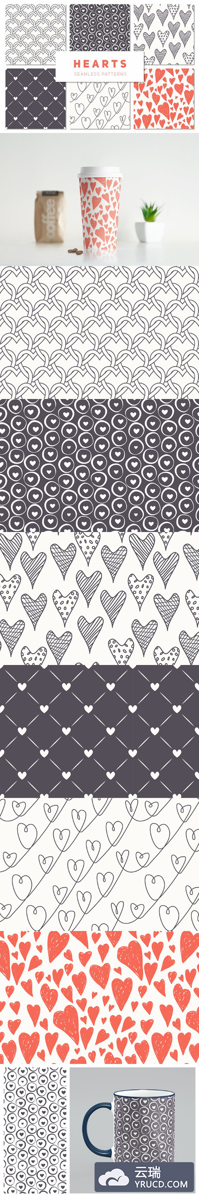 爱心无缝背景纹理素材 Hearts Seamless Patterns Set