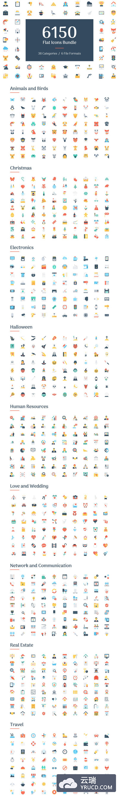 一套完美的图标图形素材 6150 Flat Icons Bundle