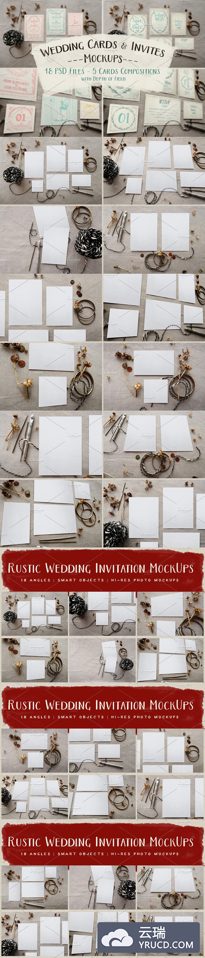 复古的婚礼邀请函样机 Rustic Wedding Invitation Mockup