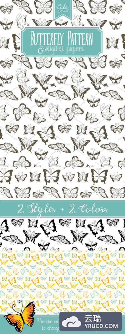 无缝蝴蝶背景纹理素材 Seamless Butterfly Pattern - Vector