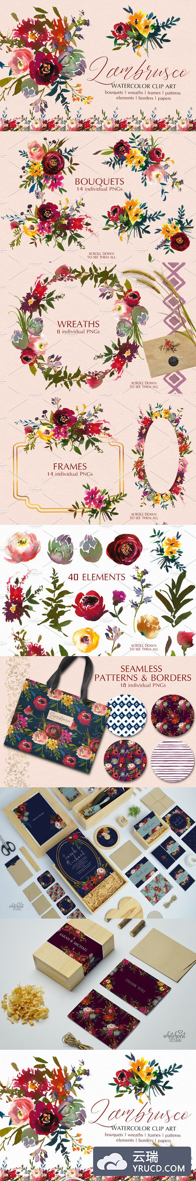 传统水彩花卉素材包 Bordo Watercolor Floral Clip Art Set