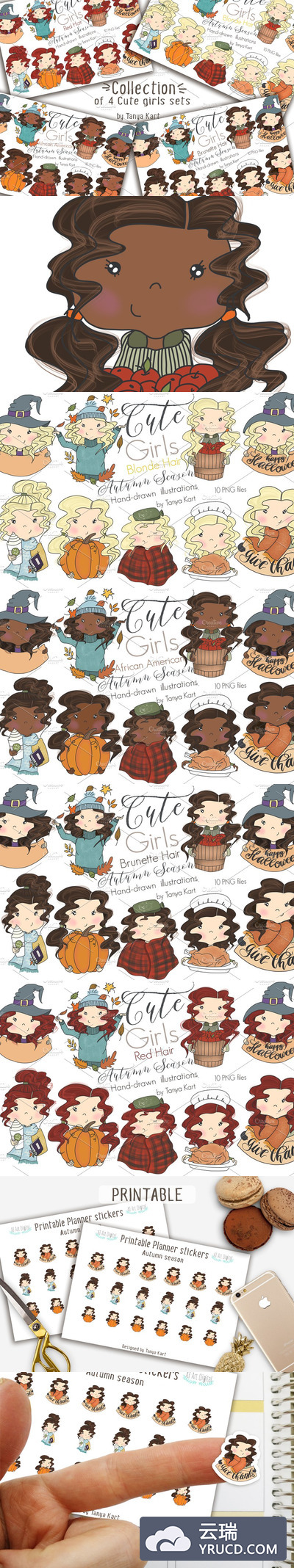 可爱个性女孩卡通图形素材 Collection of 4 Sets Cute Girls