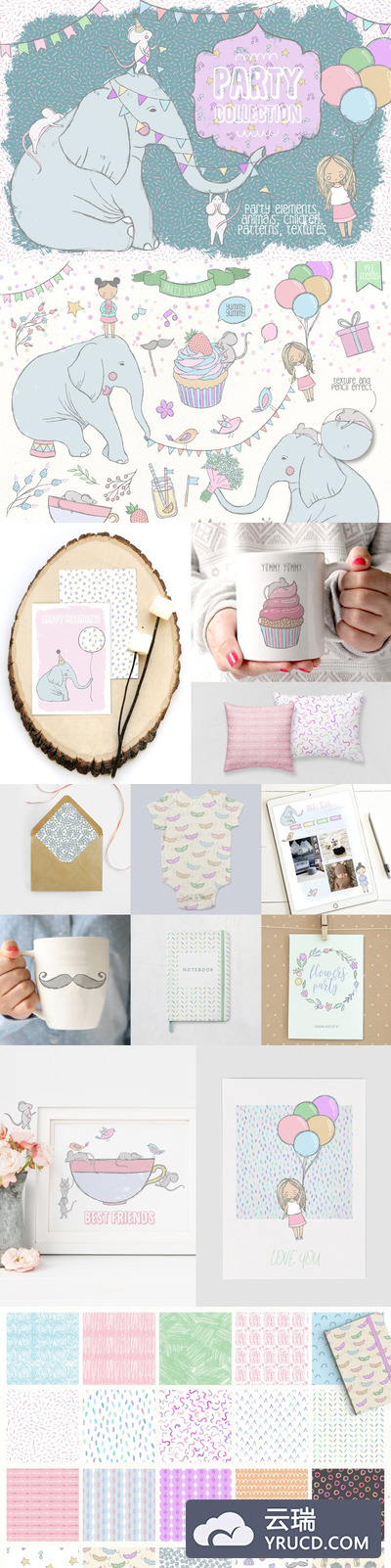 party用的卡通大象元素背景纹理素材 Party Collection Pro