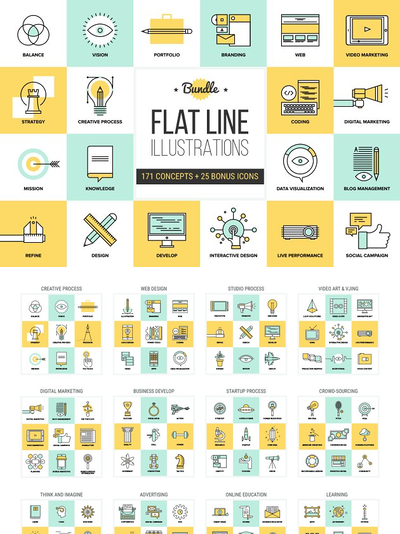 常用扁平化图标图形 Big Pack of Flat Line Illustrations